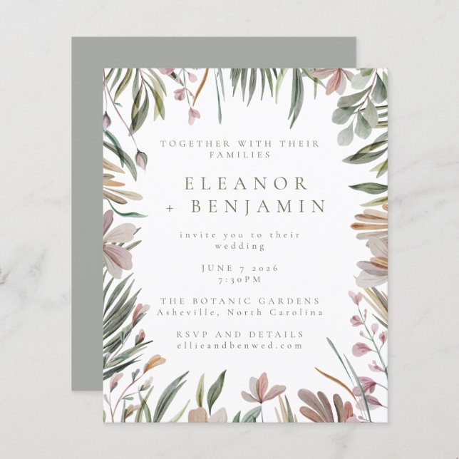 Budget Rustic Greenery Sage Stylish Wedding Invite (Front/Back)