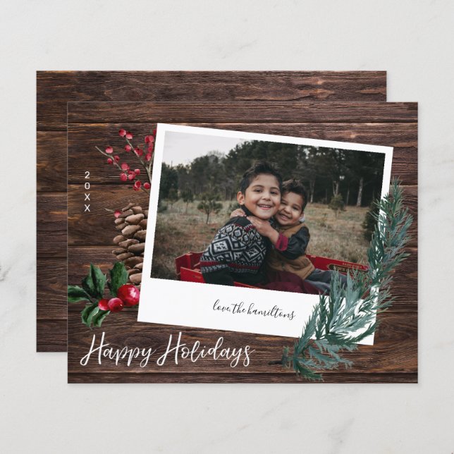 Budget Rustic Happy Holidays Wood & Instant Photo (Front/Back)