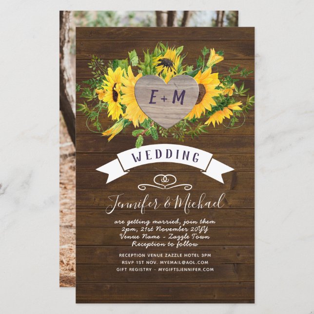 BUDGET Rustic Heart PHOTO Sunflower Wedding Invite (Front/Back)