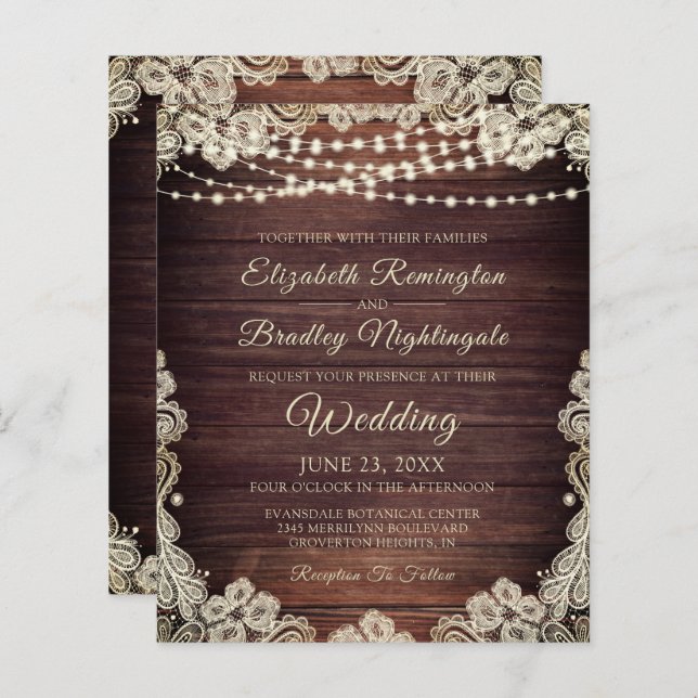 Budget Rustic Lights Ivory Lace Wedding Invitation (Front/Back)