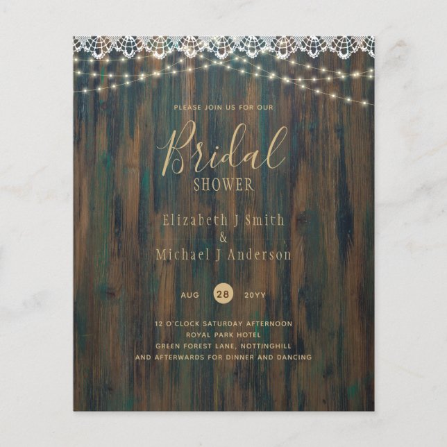 BUDGET RUSTIC LIGHTS LACE BRIDAL SHOWER INVITE FLYER (Front)