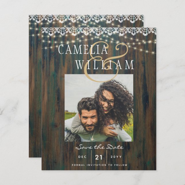 BUDGET RUSTIC LIGHTS LACE PHOTO Wedding Save Date (Front/Back)