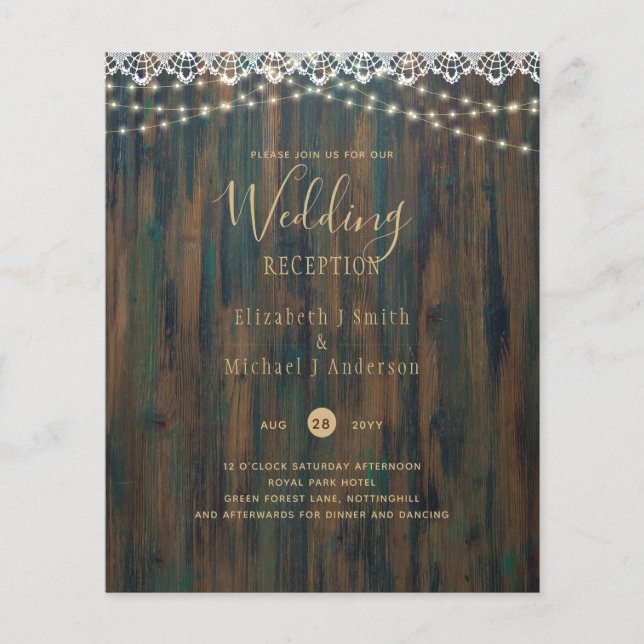 BUDGET RUSTIC LIGHTS LACE WEDDING RECEPTION INVITE FLYER (Front)