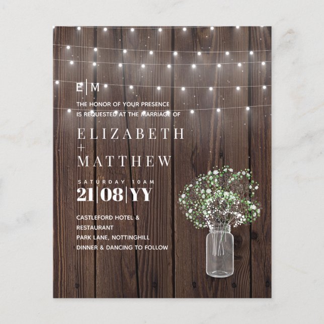 BUDGET Rustic Lights Mason Jar Gypsophila Invite (Front)