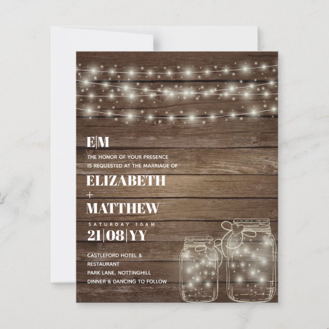 Budget Rustic Lights Mason Jars Wedding Invites (Front)
