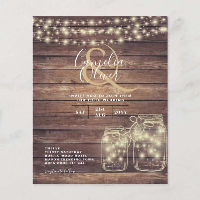 BUDGET Rustic Mason Jar Lights Wood WEDDING Flyer (Front)