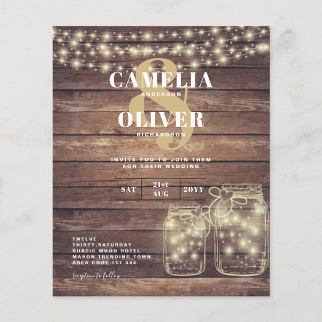 BUDGET Rustic Mason Jar Lights Wood WEDDING Flyer (Front)
