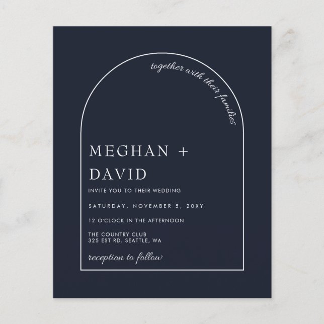 Budget Rustic Navy Modern Arch Wedding Invitation (Front)