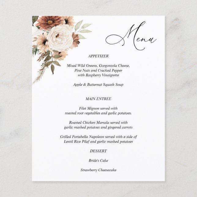 Budget Rustic Neutral Boho Floral Menu (Front)