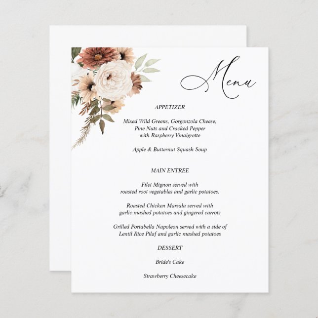 Budget Rustic Neutral Boho Floral Menu  (Front/Back)