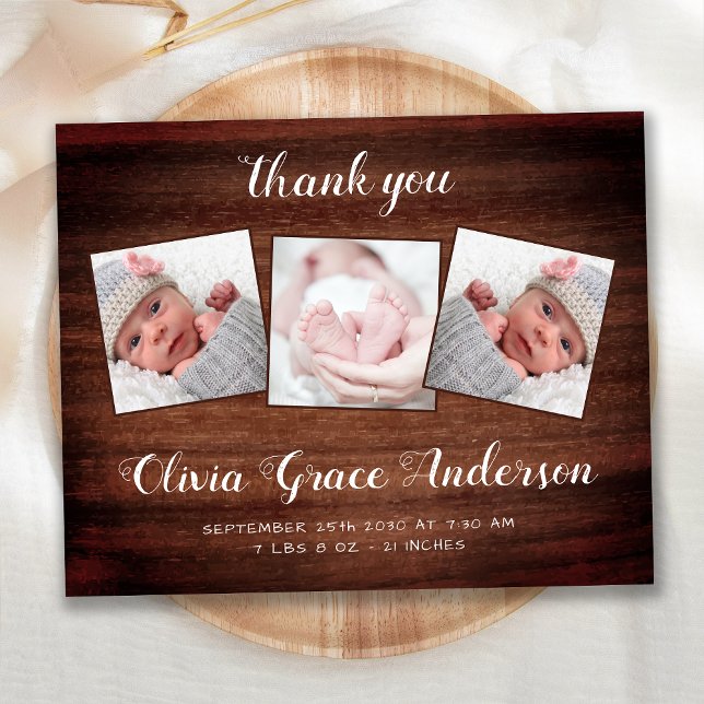 Budget Rustic New Baby 3 Photo Thank You Birth (Creator Uploaded)