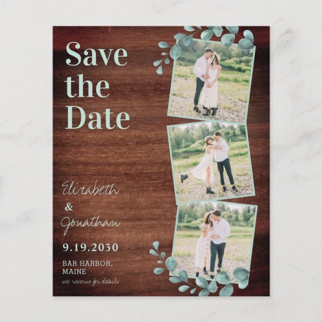 Budget Rustic Photo Greenery QR Code Save The Date (Front)