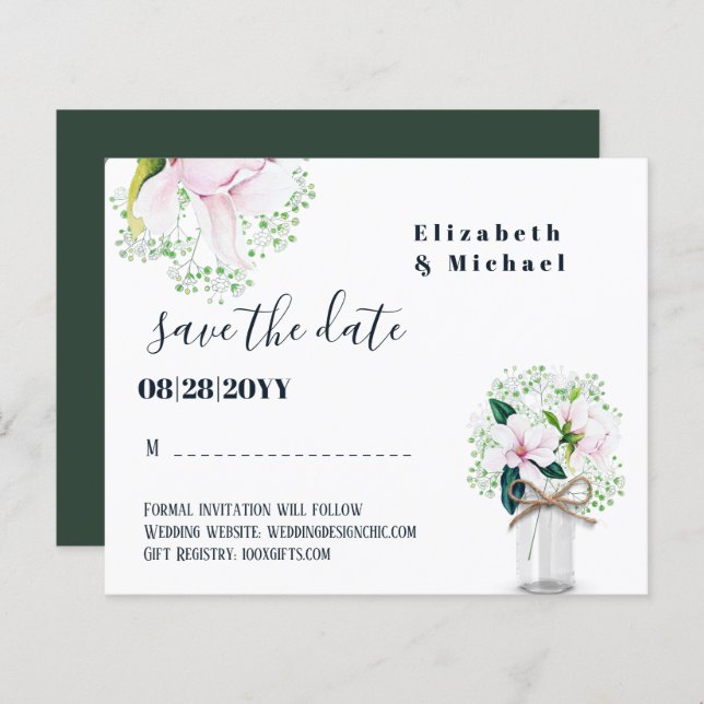 BUDGET Rustic Pink Magnolias Floral Save The Dates (Front/Back)
