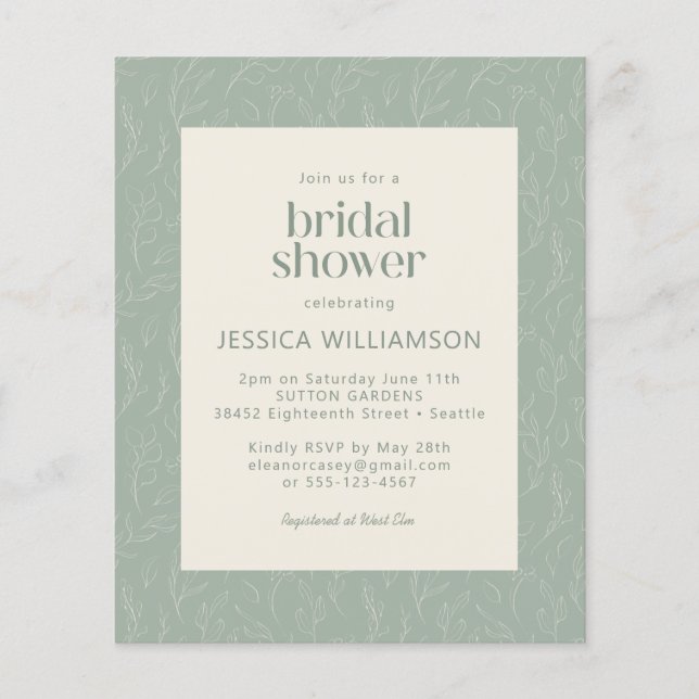Budget Rustic Sage Botanical Floral Bridal Shower (Front)
