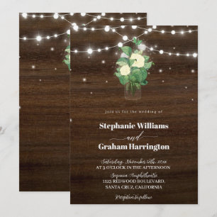 Budget Rustic Script String Lights & Lace Wedding Invitation