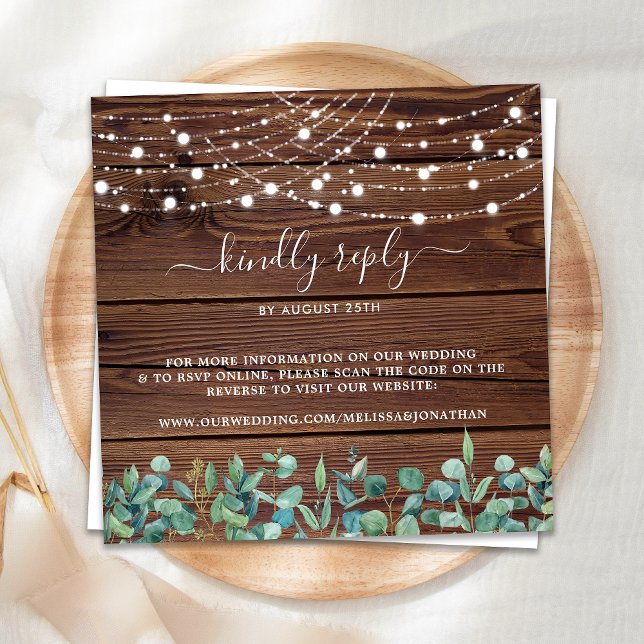 Budget Rustic String Lights QR Code Wedding RSVP Card (Creator Uploaded)