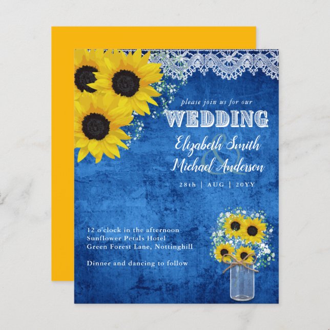 BUDGET Rustic Sunflower Blue Yellow Wedding Invite (Front/Back)
