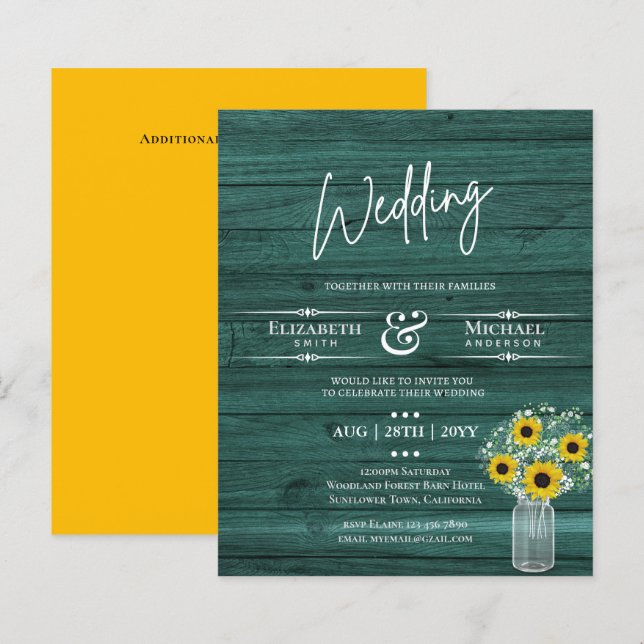 BUDGET Rustic Sunflower Green Yello Wedding Invite (Front/Back)