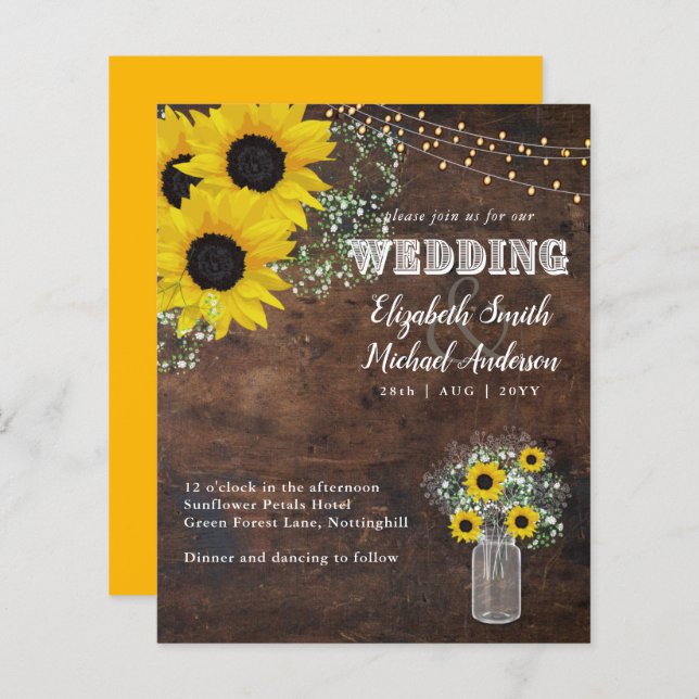 BUDGET Rustic Sunflower Gypsophila Wedding Invite (Front/Back)