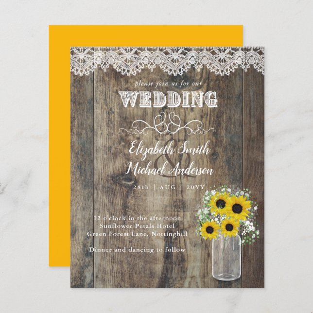 BUDGET Rustic Sunflower Lace Wood Wedding Invite (Front/Back)