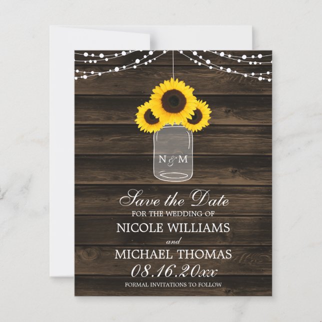 Budget Rustic Sunflower Mason Jar Save the Date (Front)