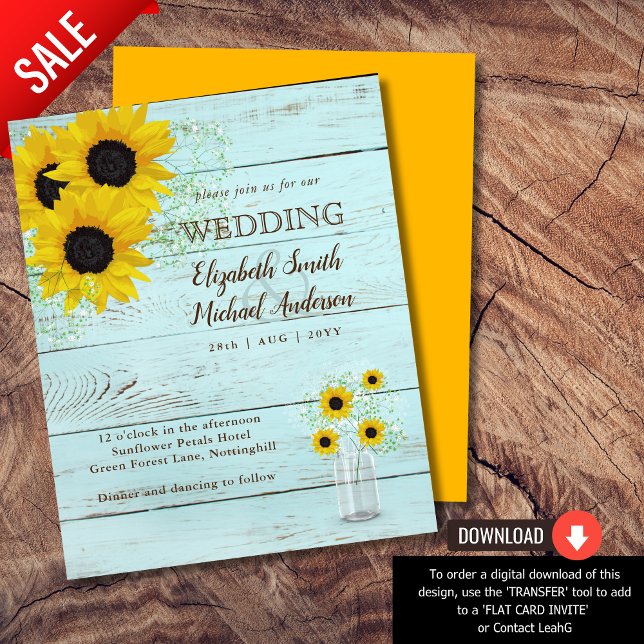 BUDGET Rustic Sunflower Teal Yellow Wedding Invite (Creator Uploaded)
