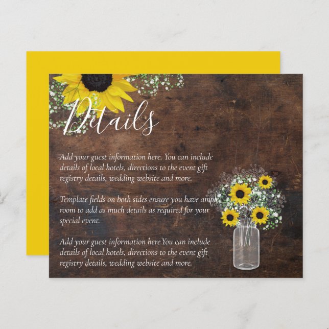 BUDGET Rustic Sunflower Wedding Details Enclosure (Front/Back)