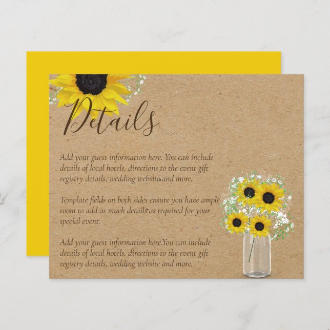BUDGET Rustic Sunflower Wedding Details Enclosure (Front/Back)