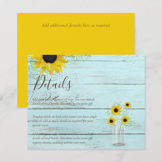 BUDGET Rustic Sunflower Wedding Details Enclosure (Front/Back)
