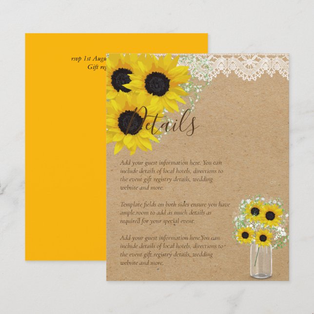 BUDGET Rustic Sunflower Wedding Details Enclosure (Front/Back)
