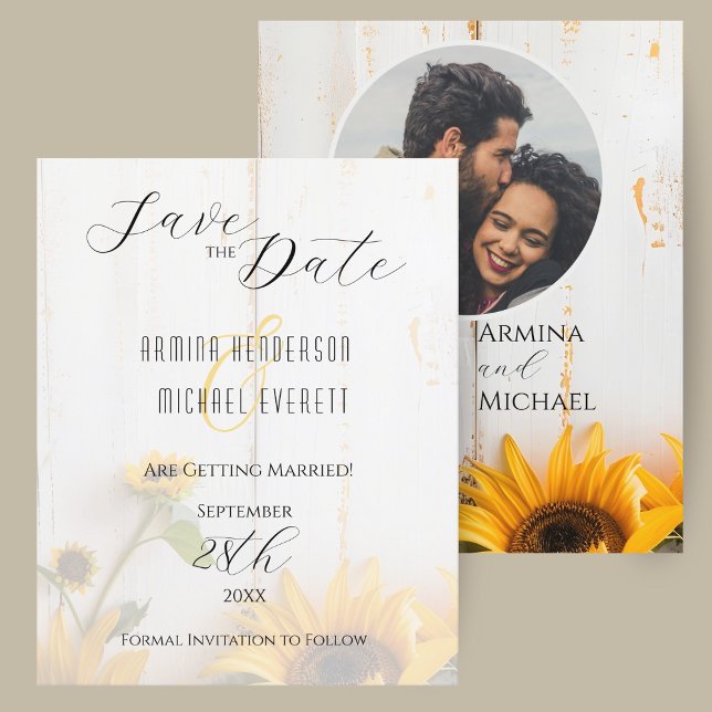 Budget Rustic Sunflower Wedding Save the Date (A budget rustic sunflower wedding save the date card with white barn wood and photo.)