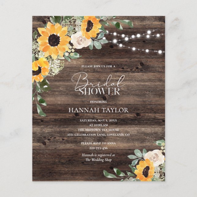 Budget Rustic Sunflower Wood Bridal Shower Invite (Front)