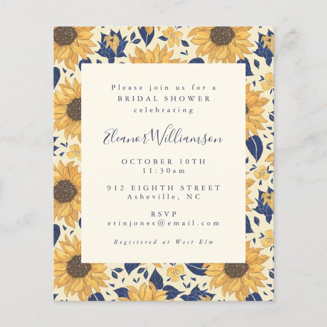 Budget Rustic Sunflowers Blue Bridal Shower Invite (Front)