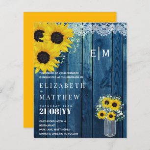 BUDGET Rustic Sunflowers Blue Wedding Invite