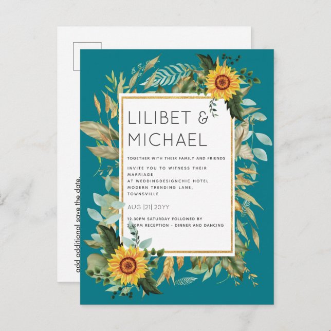 Budget Rustic Sunflowers BOHO Greenery Wedding Inv Postcard (Front/Back)