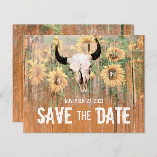 Budget Rustic Sunflowers Bull Skull Save The Date (Front/Back)