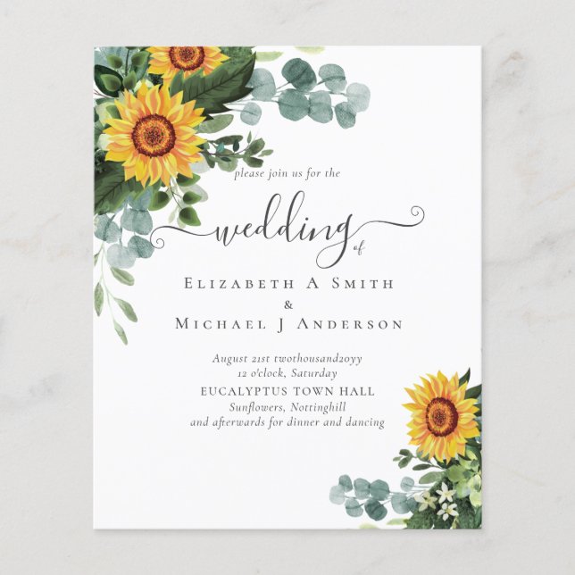 BUDGET Rustic Sunflowers Eucalyptus Leaves Wedding Flyer (Front)