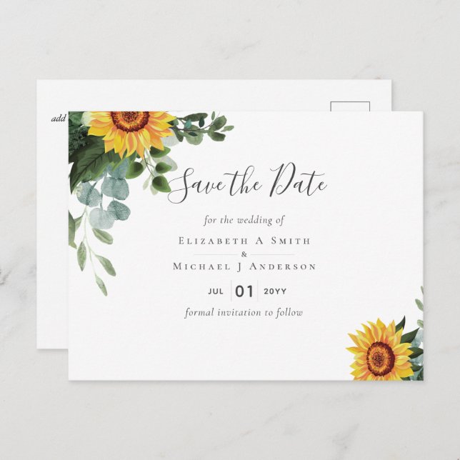 BUDGET Rustic Sunflowers Eucalyptus Leaves Wedding Postcard (Front/Back)