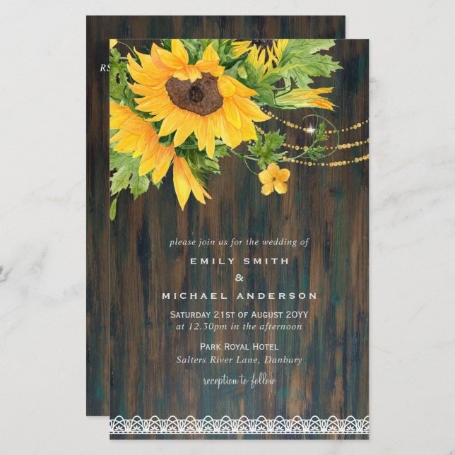 Budget Rustic Sunflowers Lights Lace Wedding Inv (Front/Back)