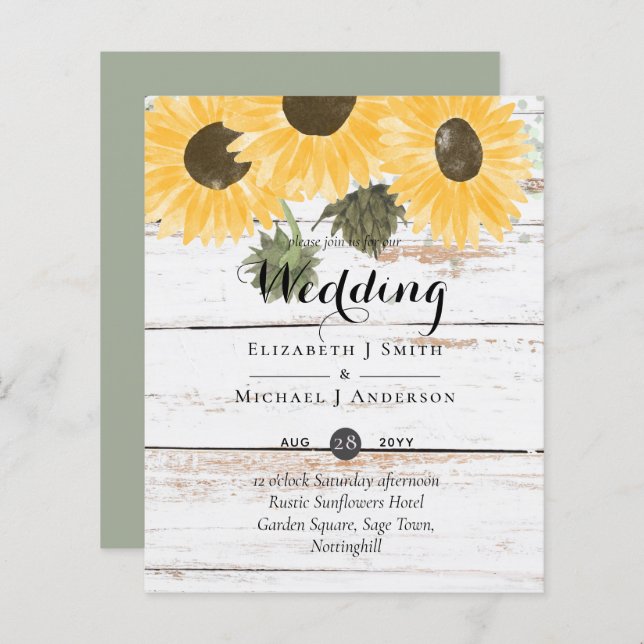 Budget Rustic Sunflowers Moss Green Leaves Wedding (Front/Back)