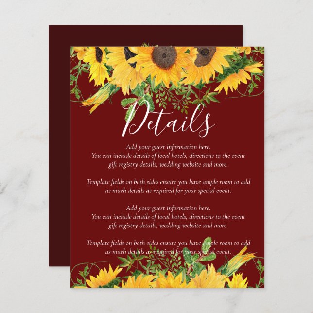 BUDGET Rustic Sunflowers Wedding Details Enclosure (Front/Back)