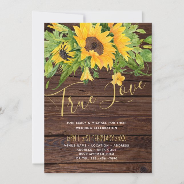 Budget Rustic Sunflowers Wood Wedding Invitations (Front)