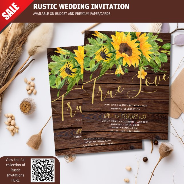 Budget Rustic Sunflowers Wood Wedding Invitations (Creator Uploaded)