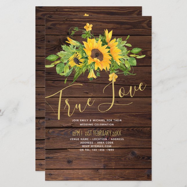Budget Rustic Sunflowers Wood Wedding Invites A9 (Front/Back)