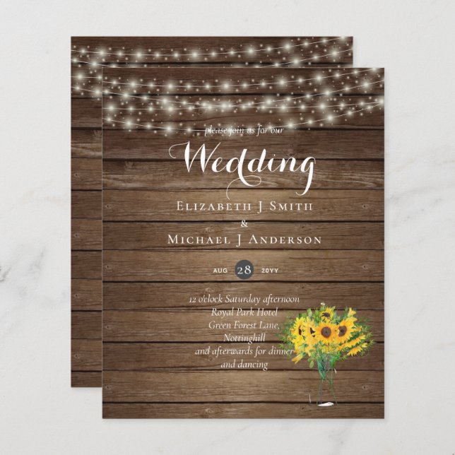 BUDGET Rustic Sunflowers Woodland Wedding Invite (Front/Back)