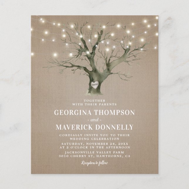 Budget Rustic Tree Lights Wedding Invitation (Front)
