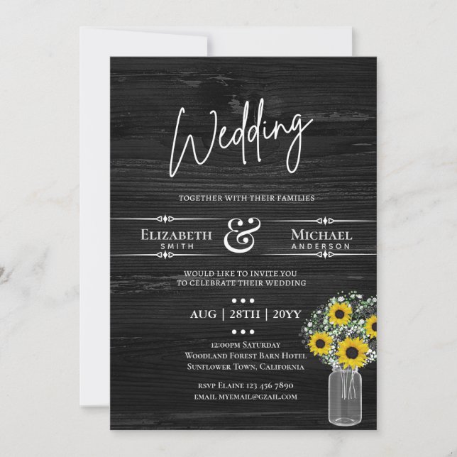 BUDGET Rustic Wedding BlackYellow Sunflower Invite (Front)