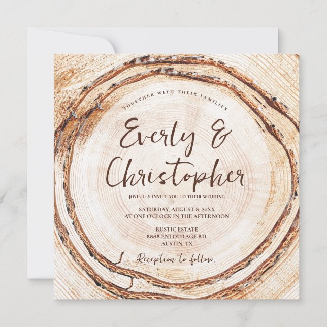 Budget Rustic Wedding Wood Cut Slice Customisable Invitation (Front)