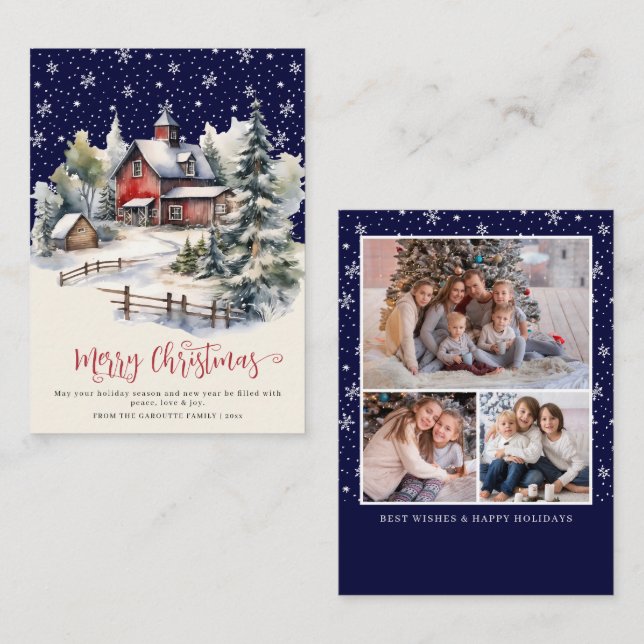 Budget  Rustic Winter 3 Photo Merry Christmas Card (Front/Back)