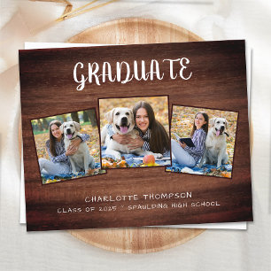 Budget Rustic Wood 3 Photo Graduation Announcement